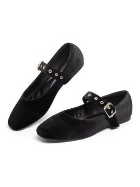 Square Toe Mary Jane Ballet Flats Womens Suede Buckle Comfort Flat Shoes